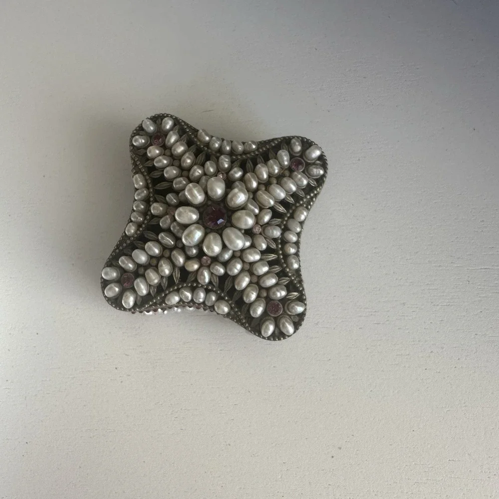 Vintage Pearl‎ & Rhinestone Encrusted Metal Trinket Box 2.5